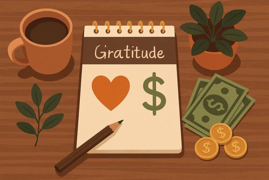 Hands holding a glowing heart over coins symbolizing gratitude and a positive financial mindset