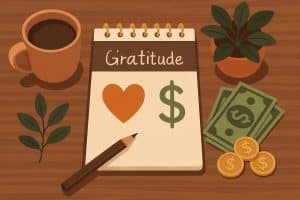 Hands holding a glowing heart over coins symbolizing gratitude and a positive financial mindset