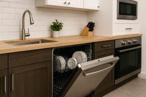 Modern condo kitchen with stainless steel dishwasher installed beneath quartz countertop cabinetry