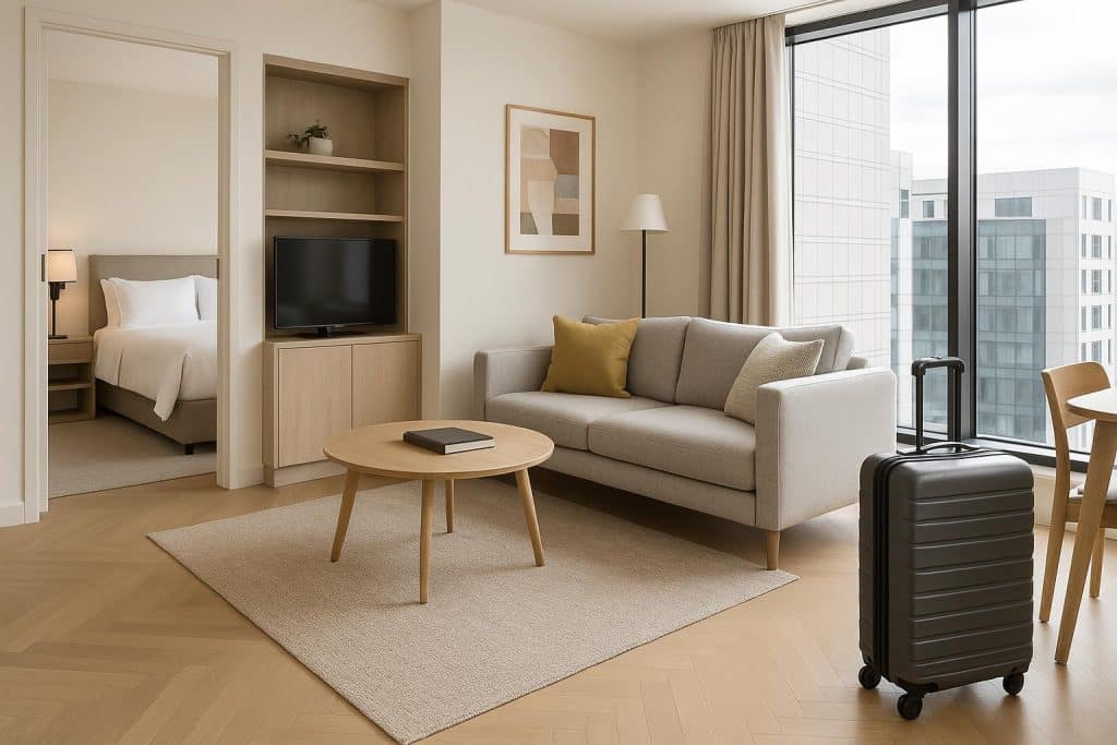 Why Serviced Apartments are The Smart Traveler’s Choice Modern serviced apartment living room with comfortable furnishings and travel luggage nearby