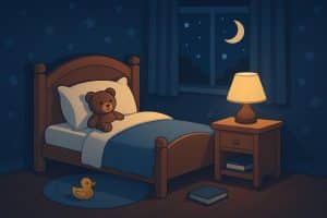 Child reading a bedtime story with soft lighting, promoting healthy sleep routines