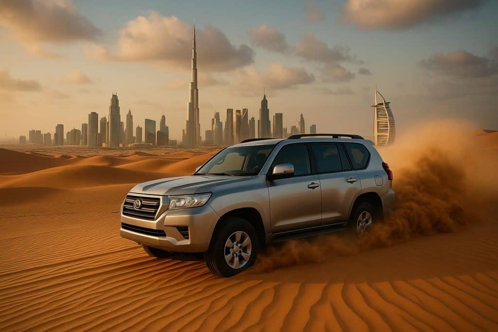 Luxury sports car on sandy Dubai highway with city skyline and steel skyscrapers in the background