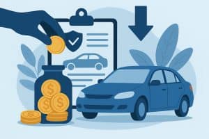 Stack of coins beside a car key symbolizes saving money on comprehensive car insurance coverage