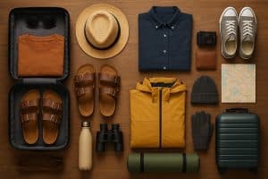 Suitcase with organized travel essentials for various vacation types on a bed