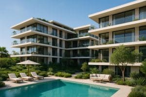 Modern wellness-focused luxury apartment complex in Dubai with green spaces and fitness amenities
