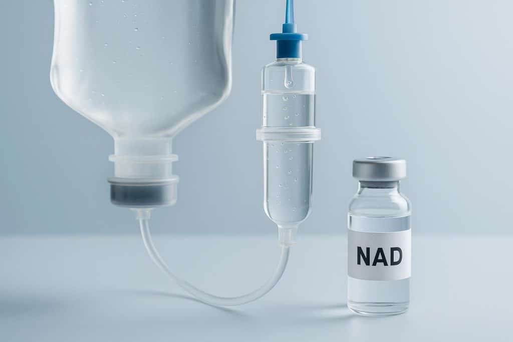 IV NAD Therapy: A Revolutionary Approach to Recovery and Longevity IV NAD therapy infusion setup with medical equipment promoting recovery and longevity benefits