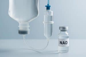 IV NAD therapy infusion setup with medical equipment promoting recovery and longevity benefits
