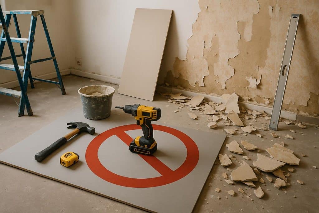 Top Mistakes to Steer Clear of in Your Home Renovation Journey Renovation mistakes concept with unfinished home interior and scattered construction tools