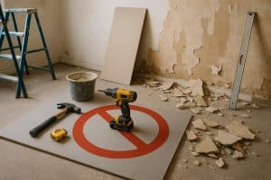 Renovation mistakes concept with unfinished home interior and scattered construction tools