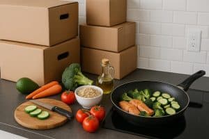 Fresh vegetables, pantry staples, and cookware arranged on a kitchen counter for healthy cooking