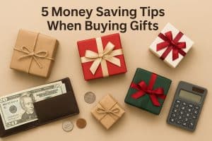 Gift boxes with ribbons and a calculator representing saving money on gift purchases