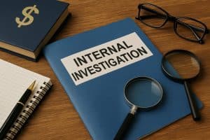 Corporate investigation process concept with documents, magnifying glass, and compliance checklist