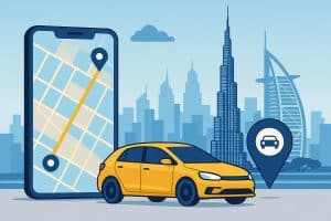 Smartphone app displaying Dubai public transport routes and on-demand ride options for travelers