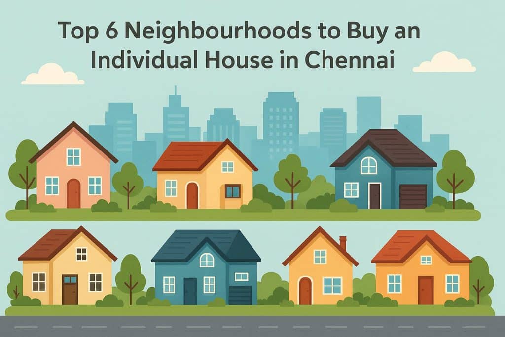 Aerial view of popular Chennai neighbourhoods with individual houses and green surroundings