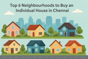 Aerial view of popular Chennai neighbourhoods with individual houses and green surroundings