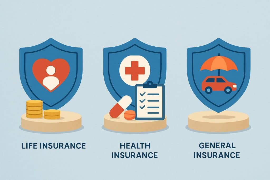 Comparison of life insurance, health insurance, and general insurance policy concepts and symbols