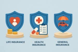 Comparison of life insurance, health insurance, and general insurance policy concepts and symbols