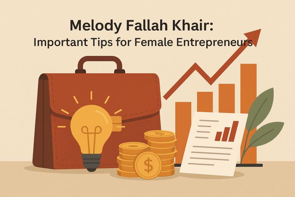 Melody Fallah Khair: Important Tips for Female Entrepreneurs Confident female entrepreneur working at desk with business documents and laptop, empowerment theme