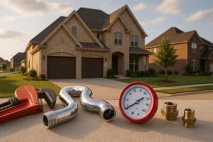 Modern bathroom with new plumbing fixtures in a North Dallas home, showcasing reliable solutions