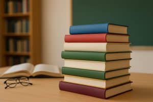 Stack of top academic books for students studying various subjects on a desk