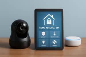 Smart home devices enhancing security and automation in a modern residential living space