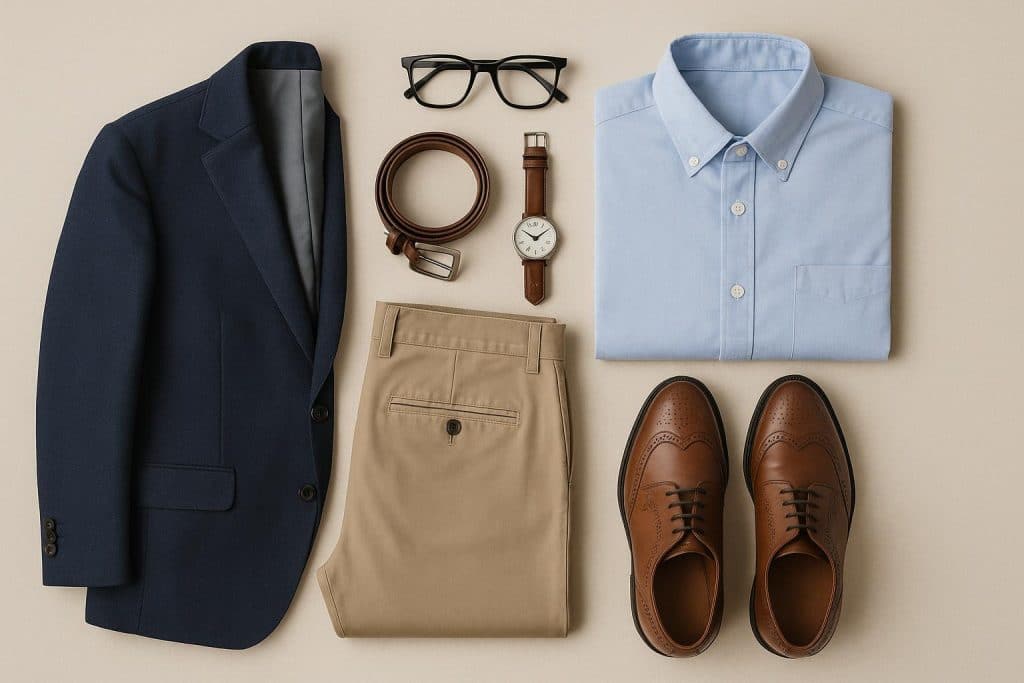 Smart casual workwear outfit featuring comfortable blazer, tailored pants, and stylish accessories