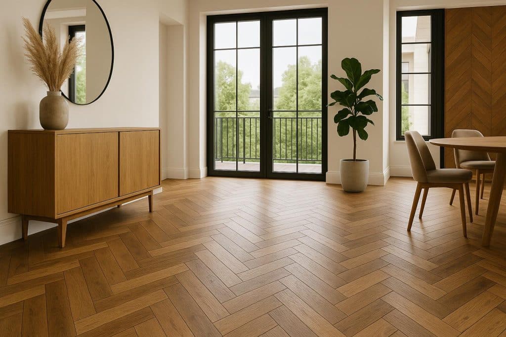 Elegant bespoke wooden flooring in a luxury living room, highlighting premium interior design