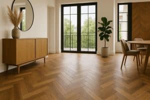 Elegant bespoke wooden flooring in a luxury living room, highlighting premium interior design