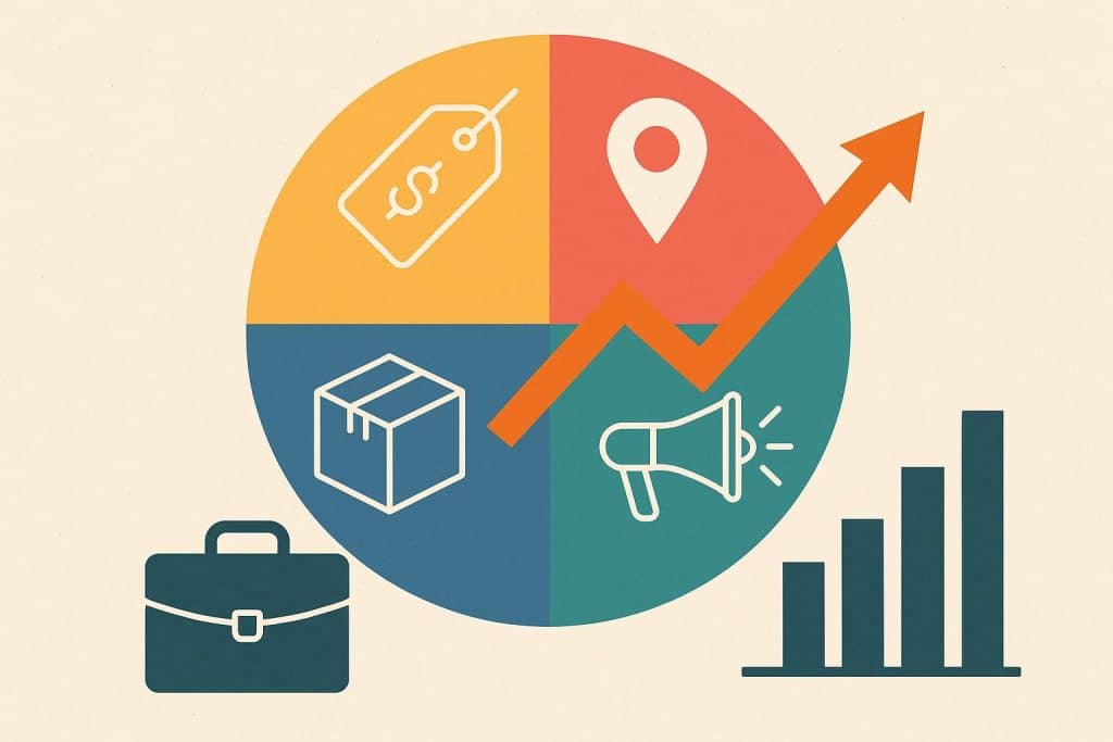 Marketing 4 Ps concept with icons representing product, price, place, and promotion strategies