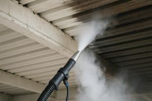 Dry ice blasting equipment cleaning overhead pipes and surfaces without creating residue