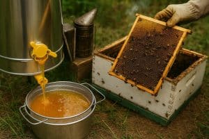 Beekeeper harvesting honey from beehive using protective gear in a lush outdoor setting