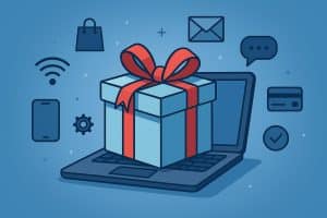 Corporate employee receiving digital gift card on smartphone, symbolizing tech-driven gifting