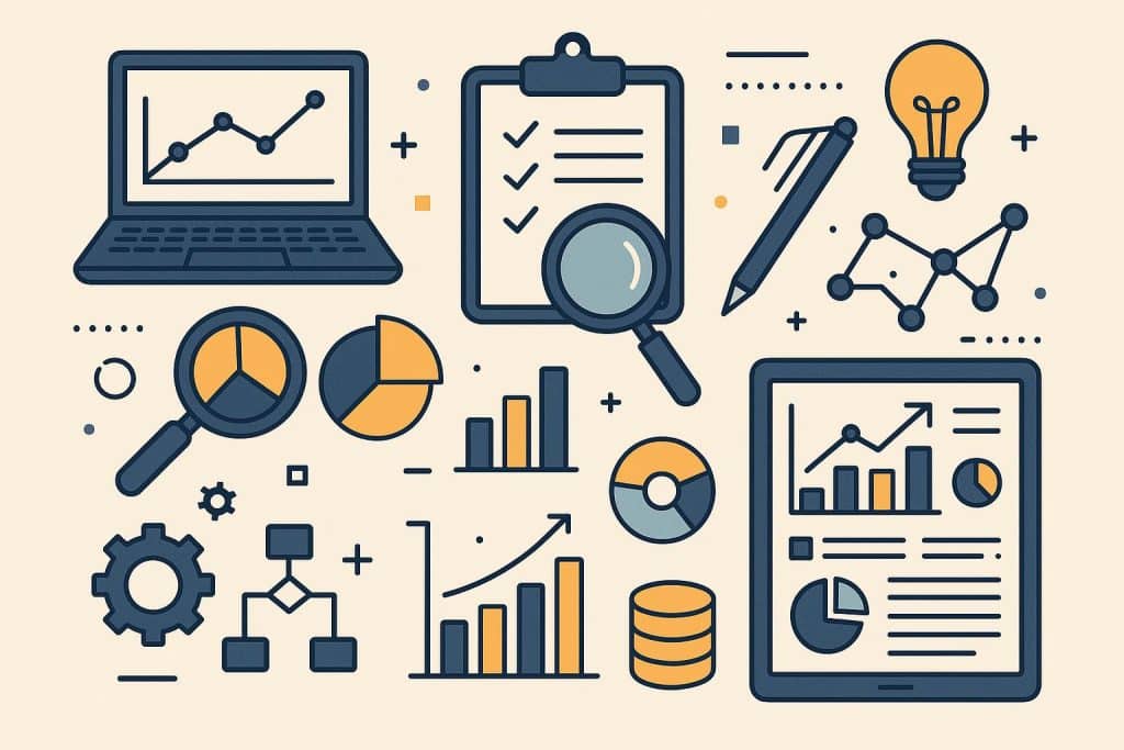 Business analyst working with data charts and IT systems in a modern office environment