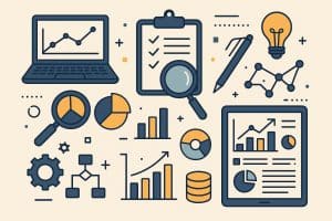 Business analyst working with data charts and IT systems in a modern office environment