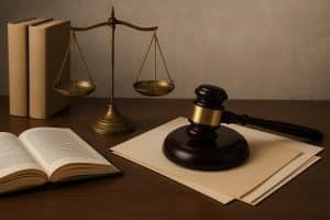 Courtroom gavel and legal documents representing litigation process and legal proceedings