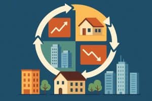 Modern city skyline illustrating the property cycle and real estate market trends.