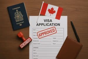 Canada visa application forms with rejected stamp and passport on desk, highlighting refusal reasons