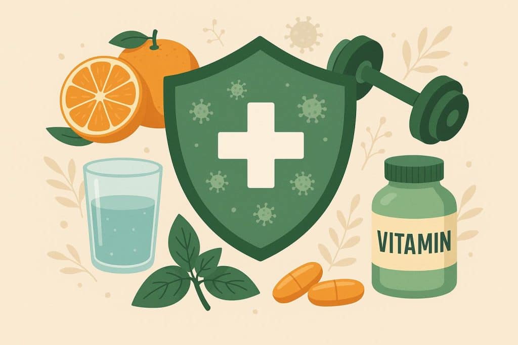 Boost Your Immune System With These Four Health Tips Fresh fruits, vegetables, water, and exercise equipment representing immune-boosting health tips