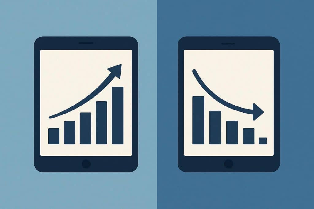 Abstract illustration of digital product growth versus stagnation with upward and flat lines