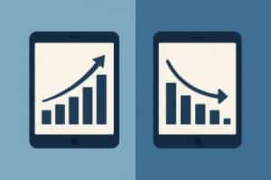 Abstract illustration of digital product growth versus stagnation with upward and flat lines