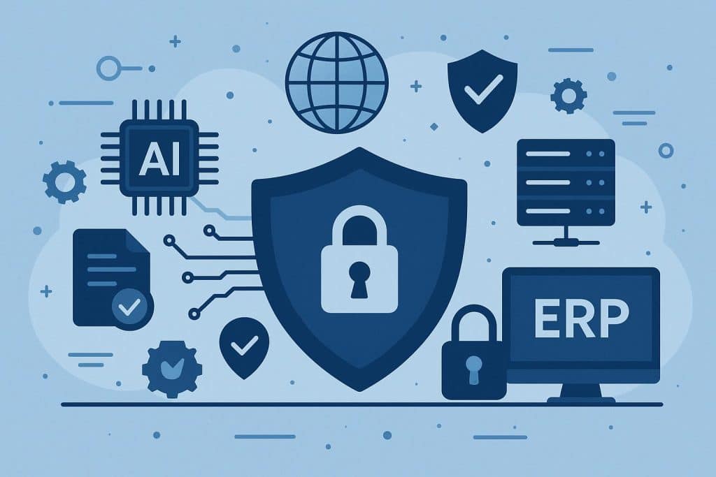 Abstract illustration of AI technology securing enterprise resource planning data and compliance