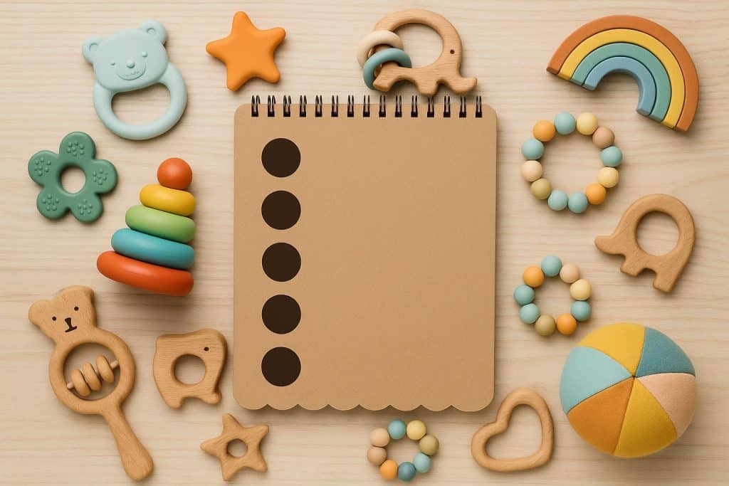 Colorful baby toys arranged on a soft play mat, illustrating safe and educational options