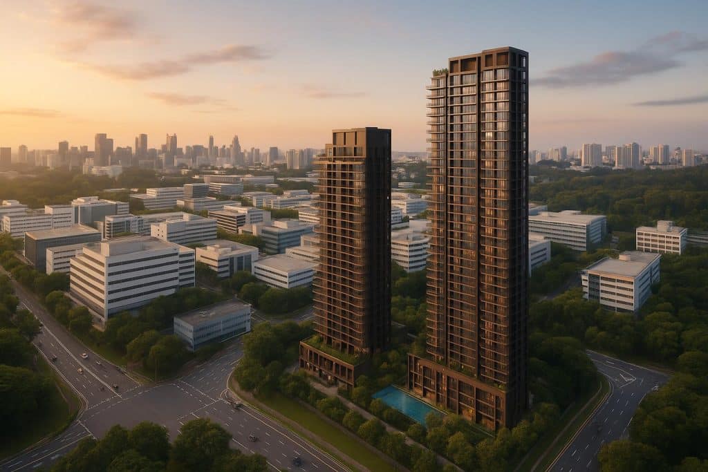 Aerial view of Media Circle condo site and surrounding One-North land acquisitions in Singapore