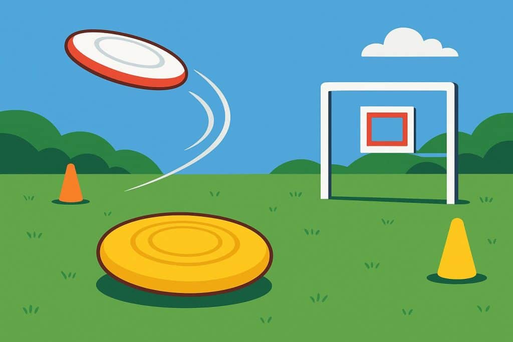 Colorful frisbees flying across a grassy field during various outdoor frisbee games