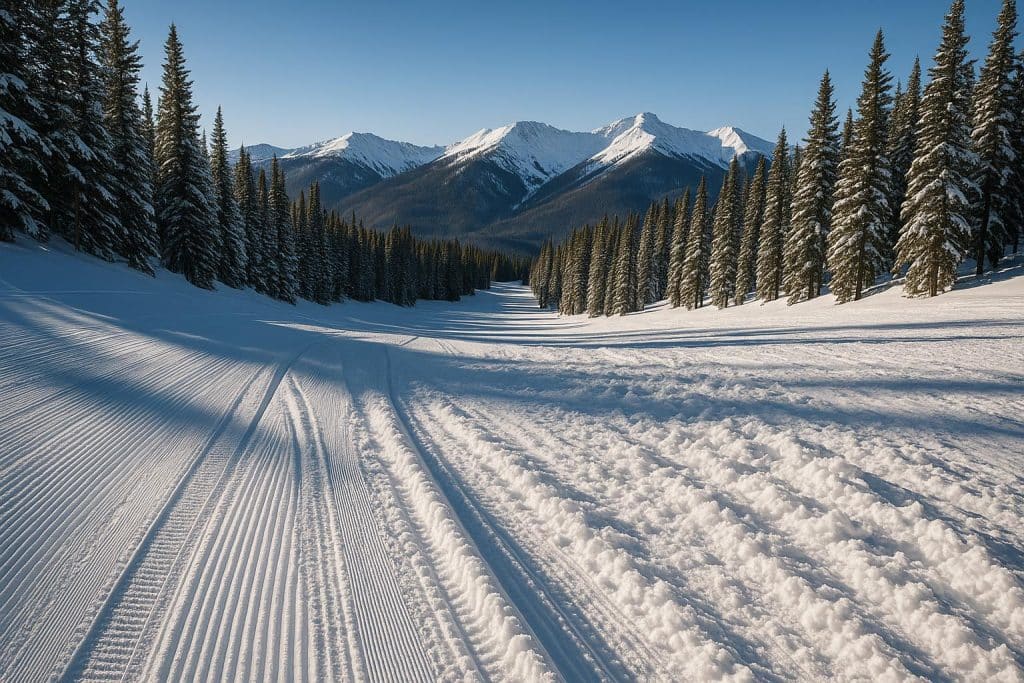 Snow-covered ski slope showing variable textures and changing snow conditions under sunlight