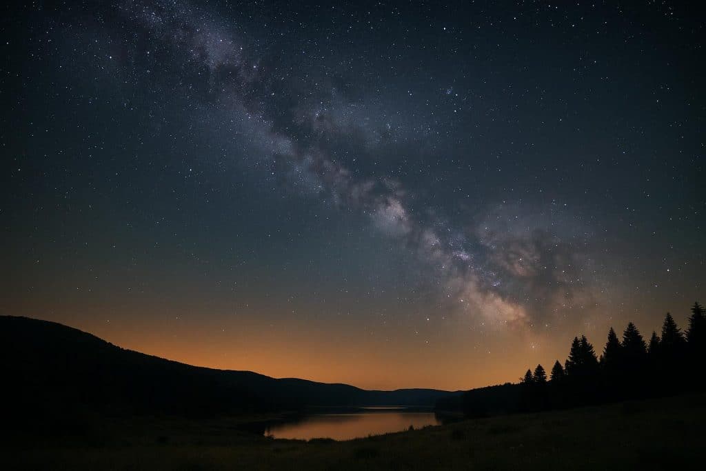 Starlit night sky over rural landscape ideal for stargazing away from city lights
