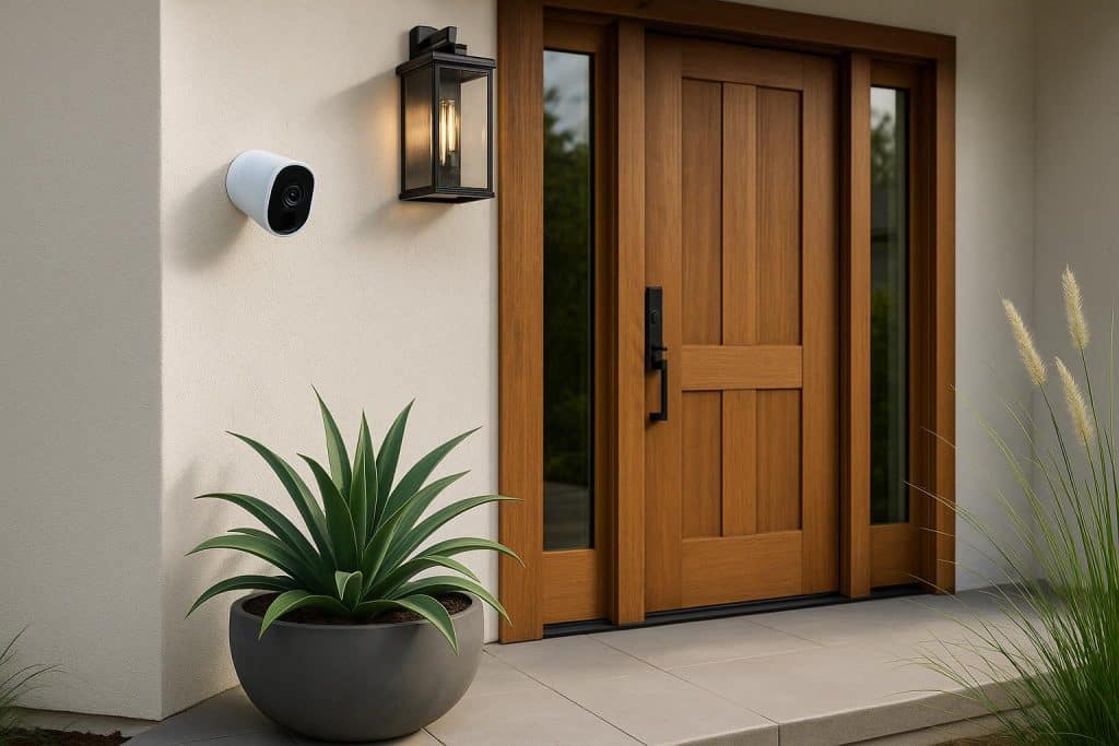 Modern smart security camera stylishly integrated into contemporary home exterior design