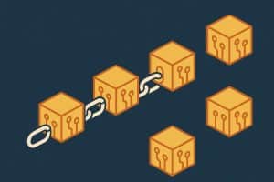 Abstract blockchain network with digital blocks connected by lines representing data transfer