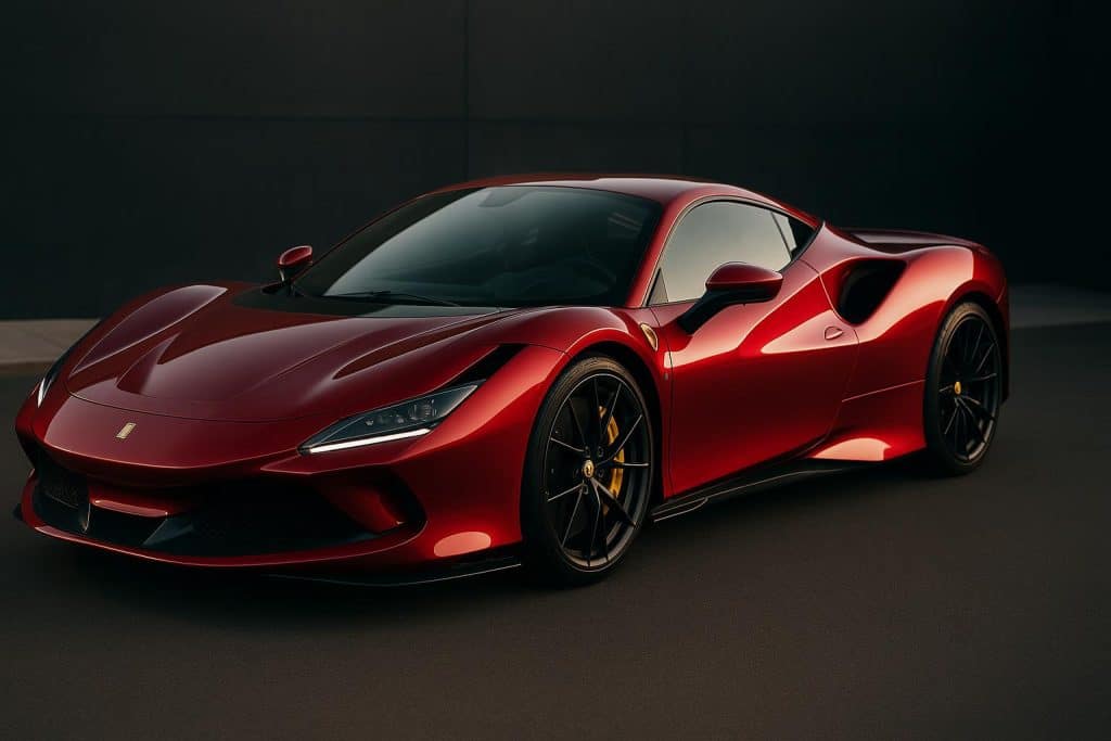 Sleek red exotic sports car parked on a scenic road highlighting luxury automotive features