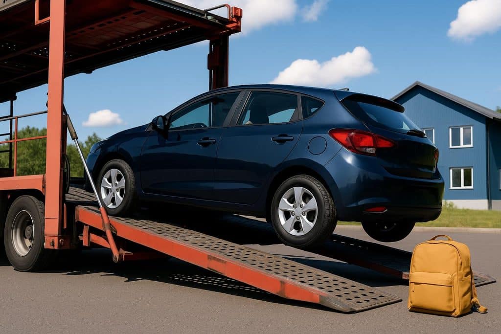 Car carrier transporting vehicles to a college campus for student auto shipping services